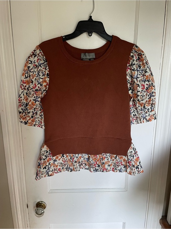 Anthropologie Tops - Anthropologie Rust Layered Peplum Top with Faux Vest Sz S Floral Puff Sleeves
